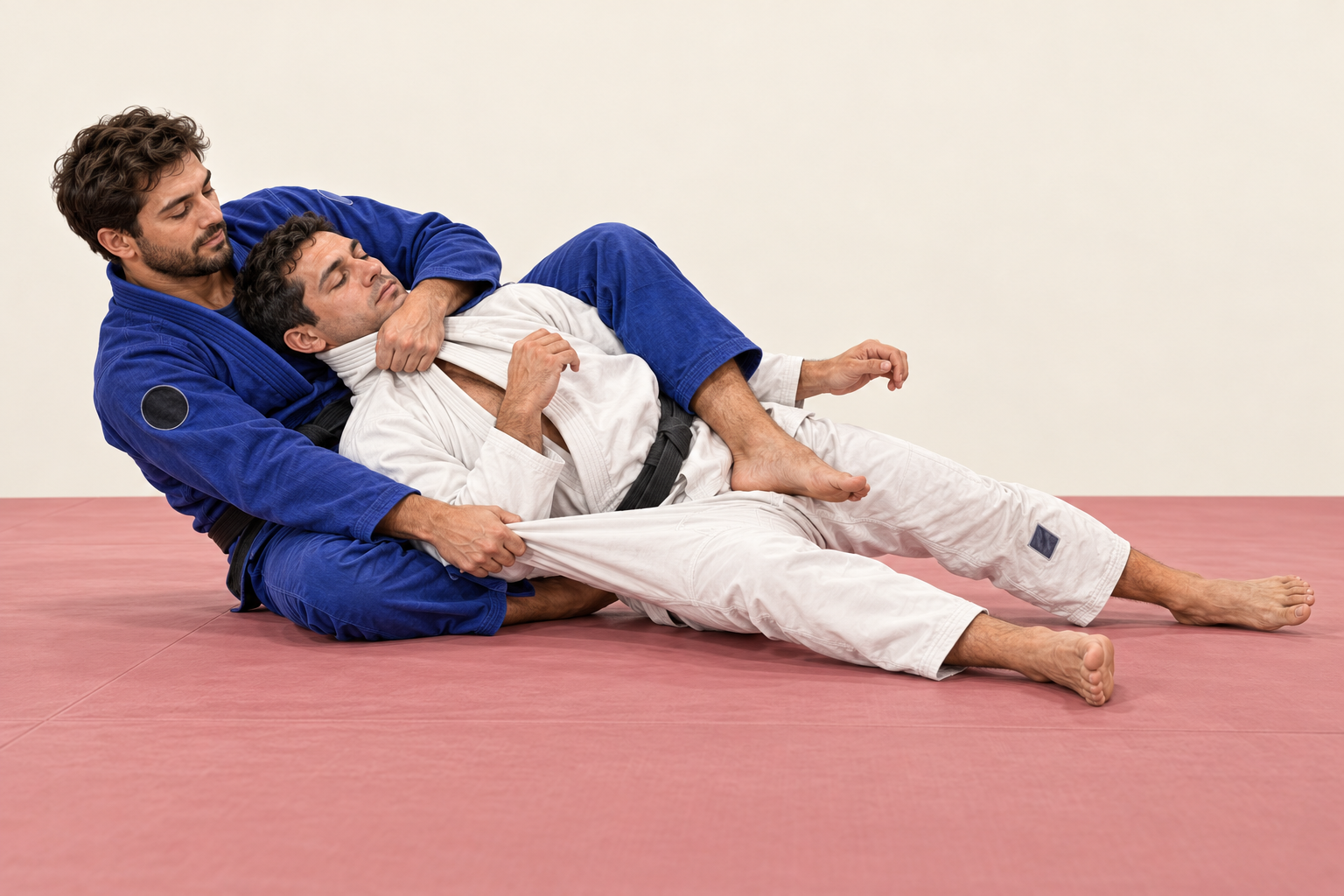 Two athletes in blue and white gis demonstrating a Brazilian jiu-jitsu submission